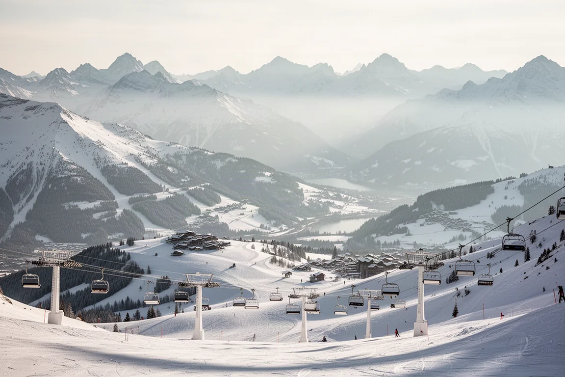 Panoramic view of interconnected alpine ski slopes across three valleys