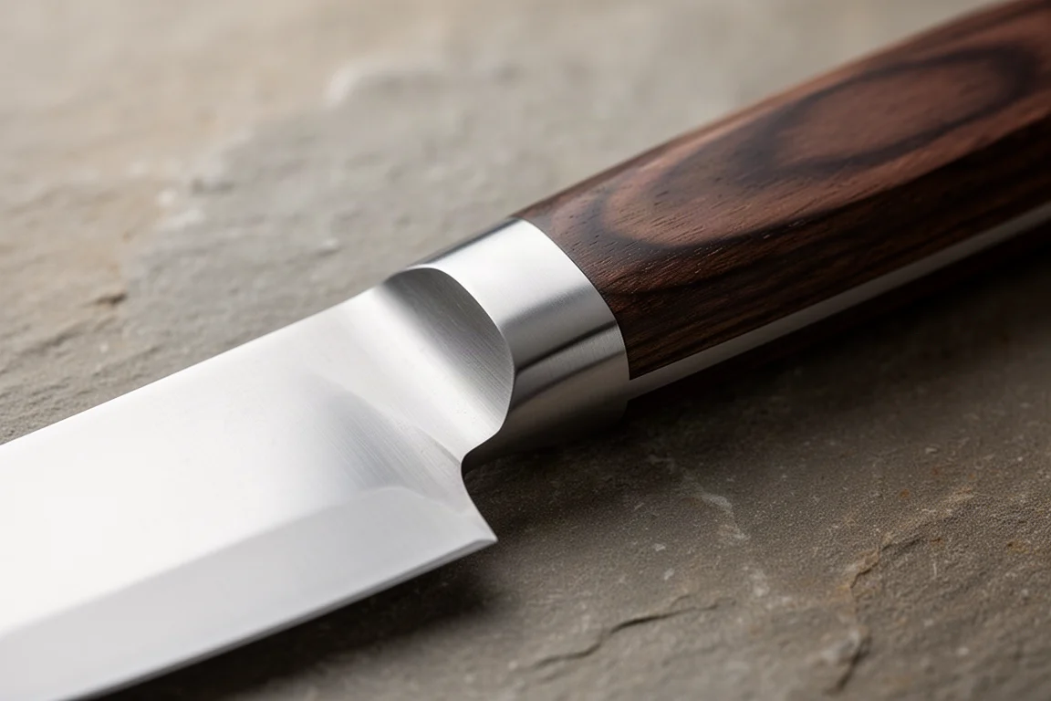 Primer plano del mango de un cuchillo de chef mostrando una transición suave entre refuerzo y mango