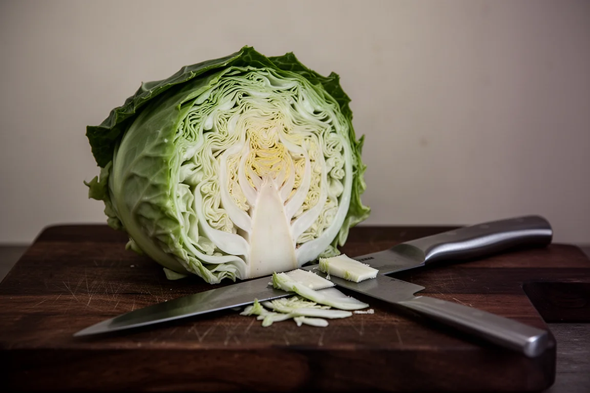 Una col densa sobre una tabla de cortar junto a un gran cuchillo de chef