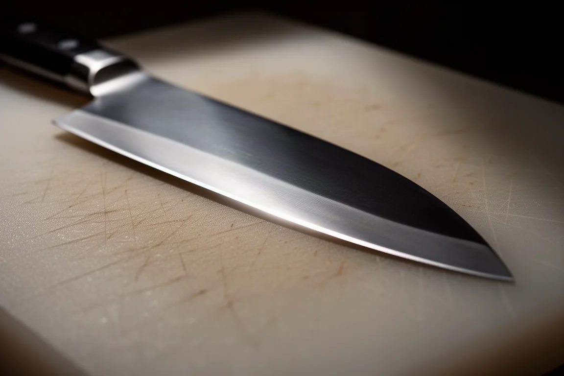 Filo afilado de un cuchillo reflejando la luz sobre una tabla lista para la piedra de afilar