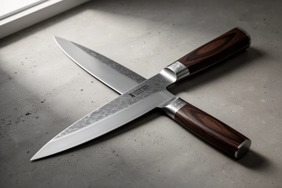 Large 250mm chef knife with dark wooden handle and metal bolster on concrete surface