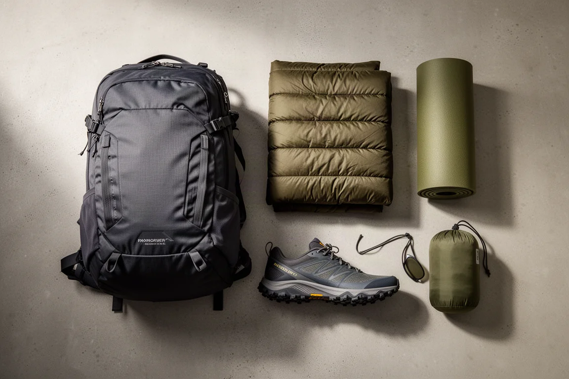 Flat lay of backpacking gear including a pack, quilt, sleeping pad, trail shoe, and sunglasses