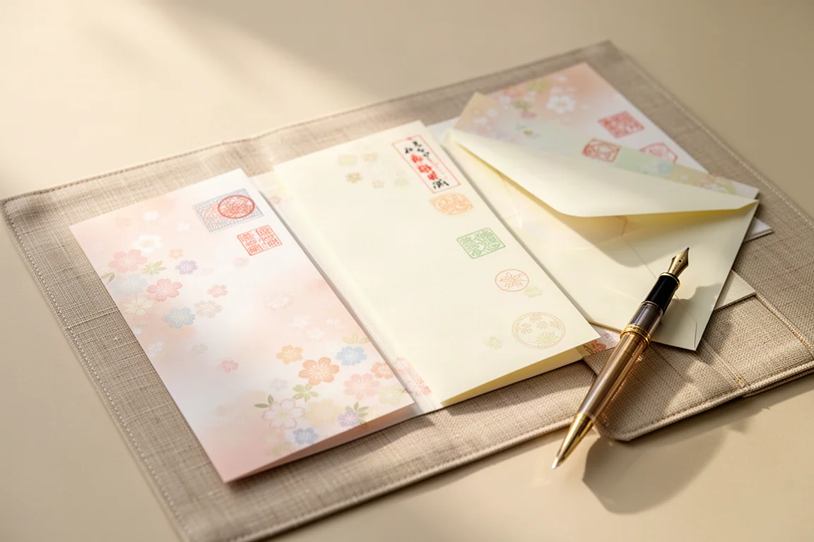 Dekorativt brevpappersset med blommigt washi-papper arrangerat på ett skrivbord