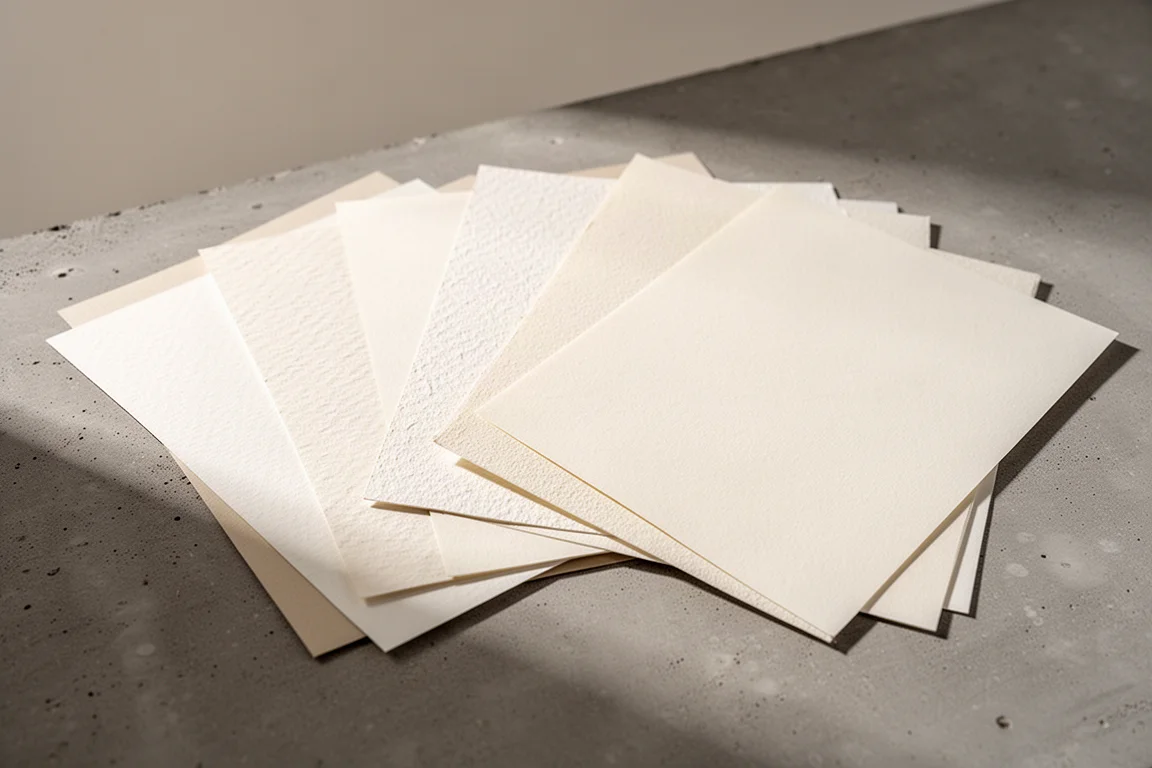 Samling assorterade papper utbredda i en solfjäderform på en neutral yta