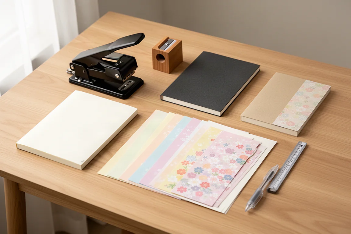 Flat-lay of Japanese stationery including a hole punch, notebooks, letter sets, and a pen on an oak desk