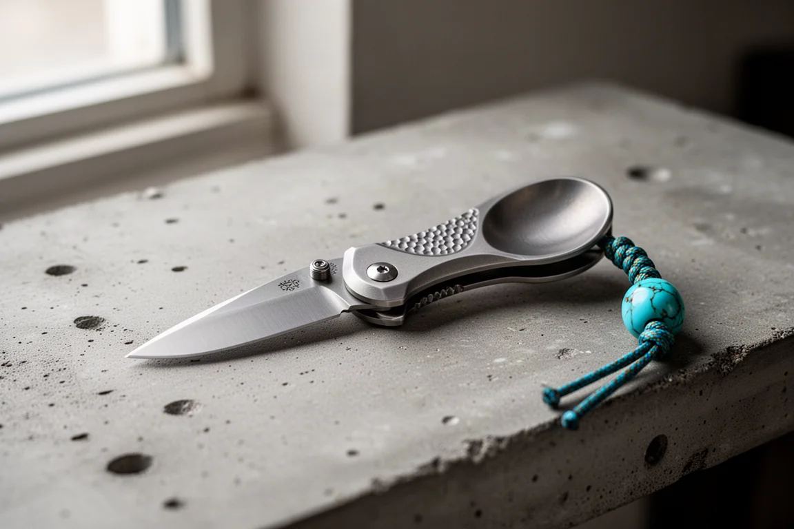 Liten, kompakt titanfällkniv som ligger öppen på ett betongarbetsbänk