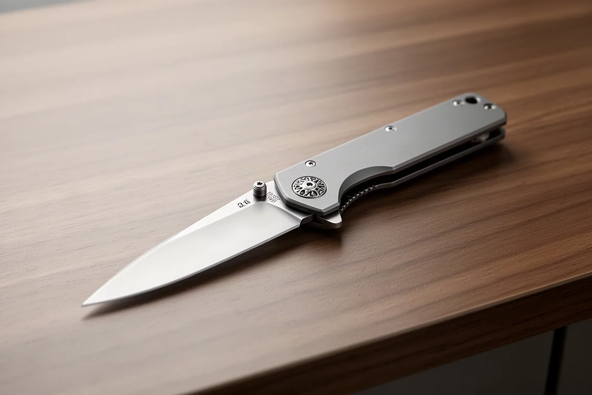 Slank, elegant fällkniv med lång drop point-blad på borstat träbord