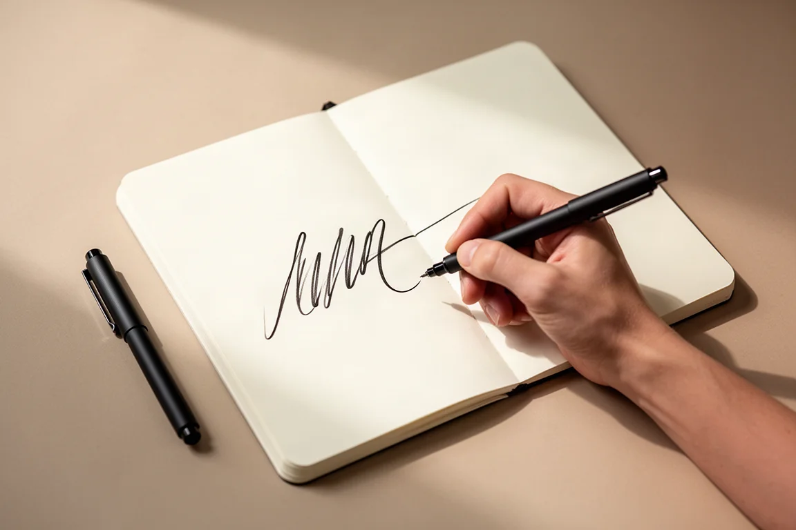 Hand schrijft vloeiende donkere gellijnen op wit notitieboekpapier