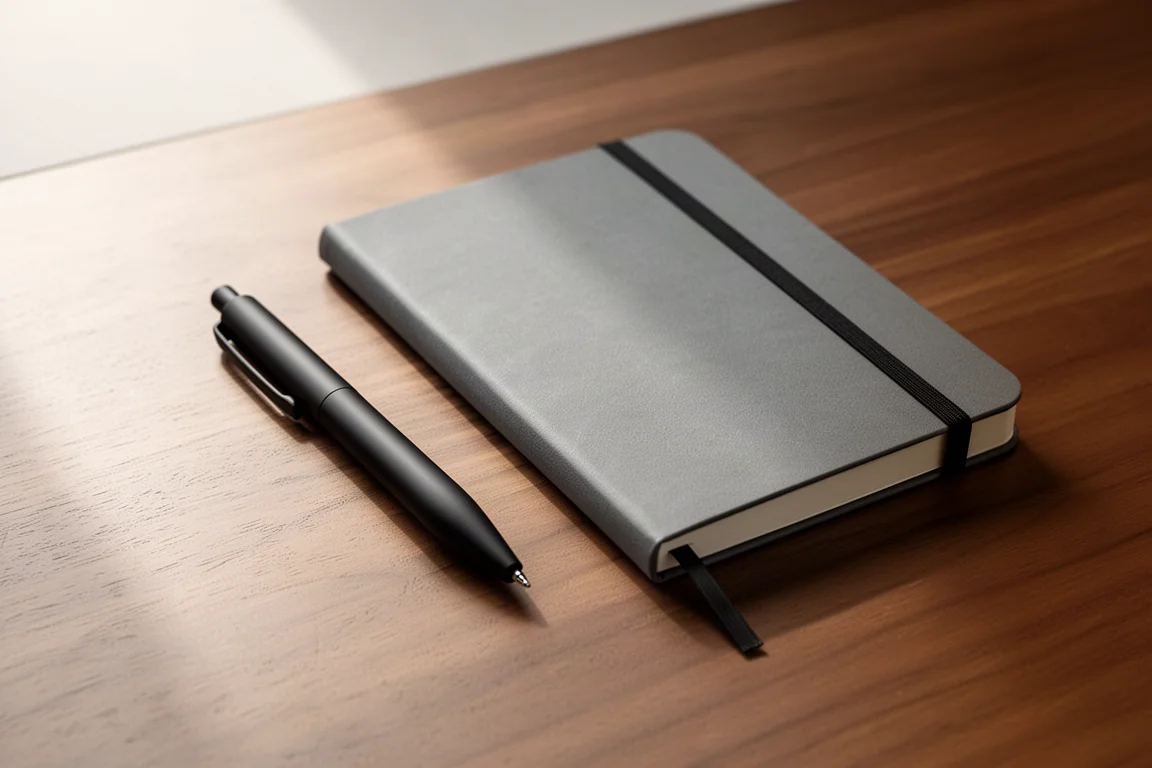 Compacte zwarte pen naast een bullet journal-notitieboek op een bureau