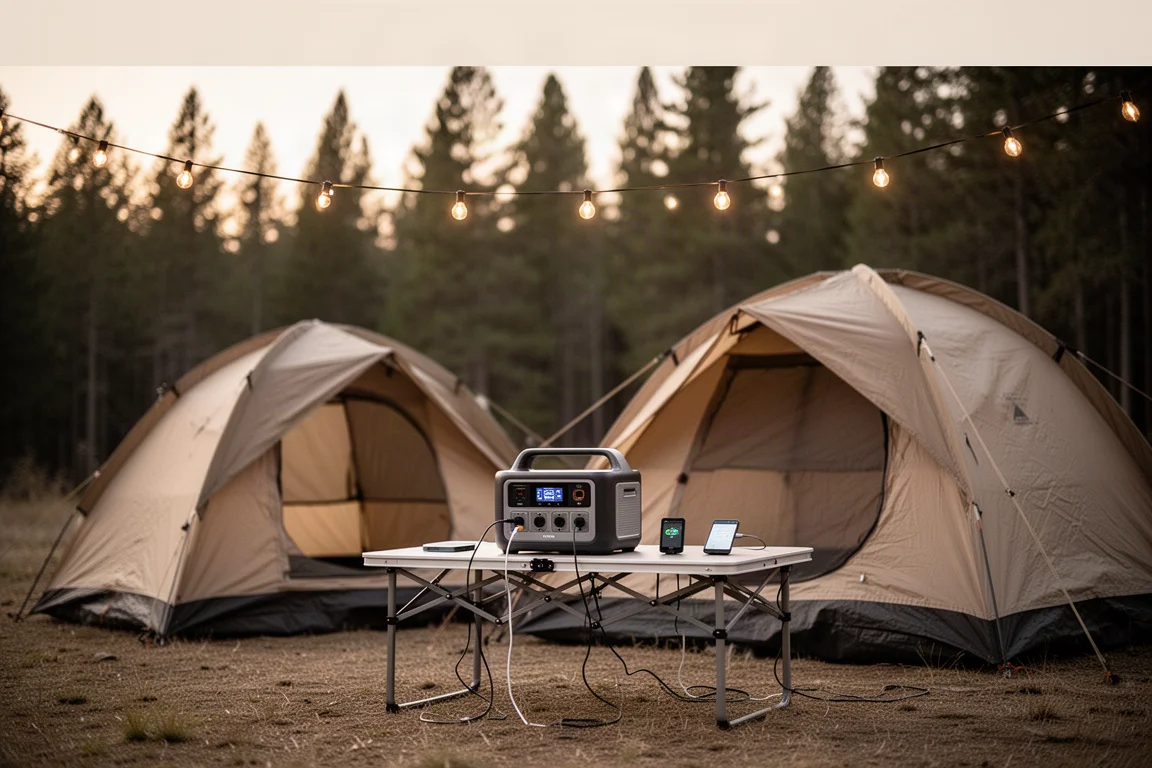 Campsite at golden hour with a power station and devices charging on a folding table