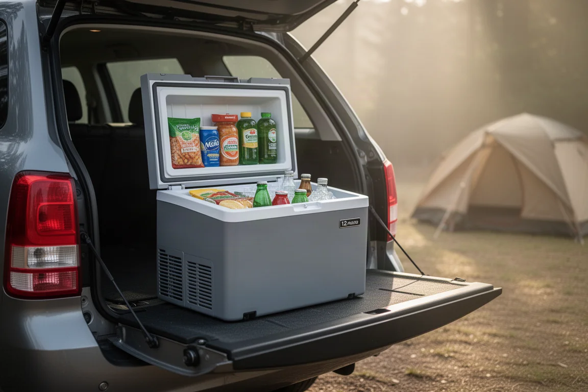Open tailgate of a vehicle with a compact 12 volt fridge full of food and no ice