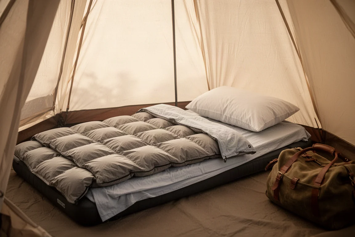 Tent interior in early morning with a thick pad, comforter, sheet and pillow