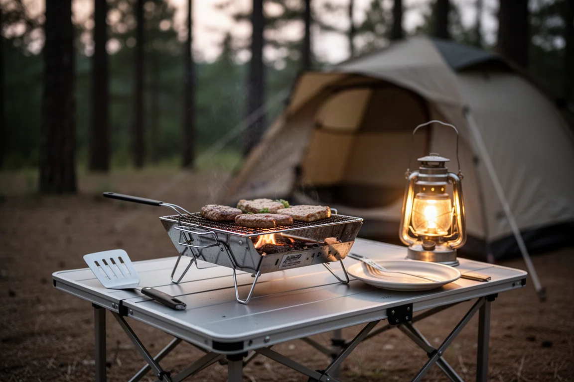 Small portable grill on a camp table at dusk with food cooking on the grate