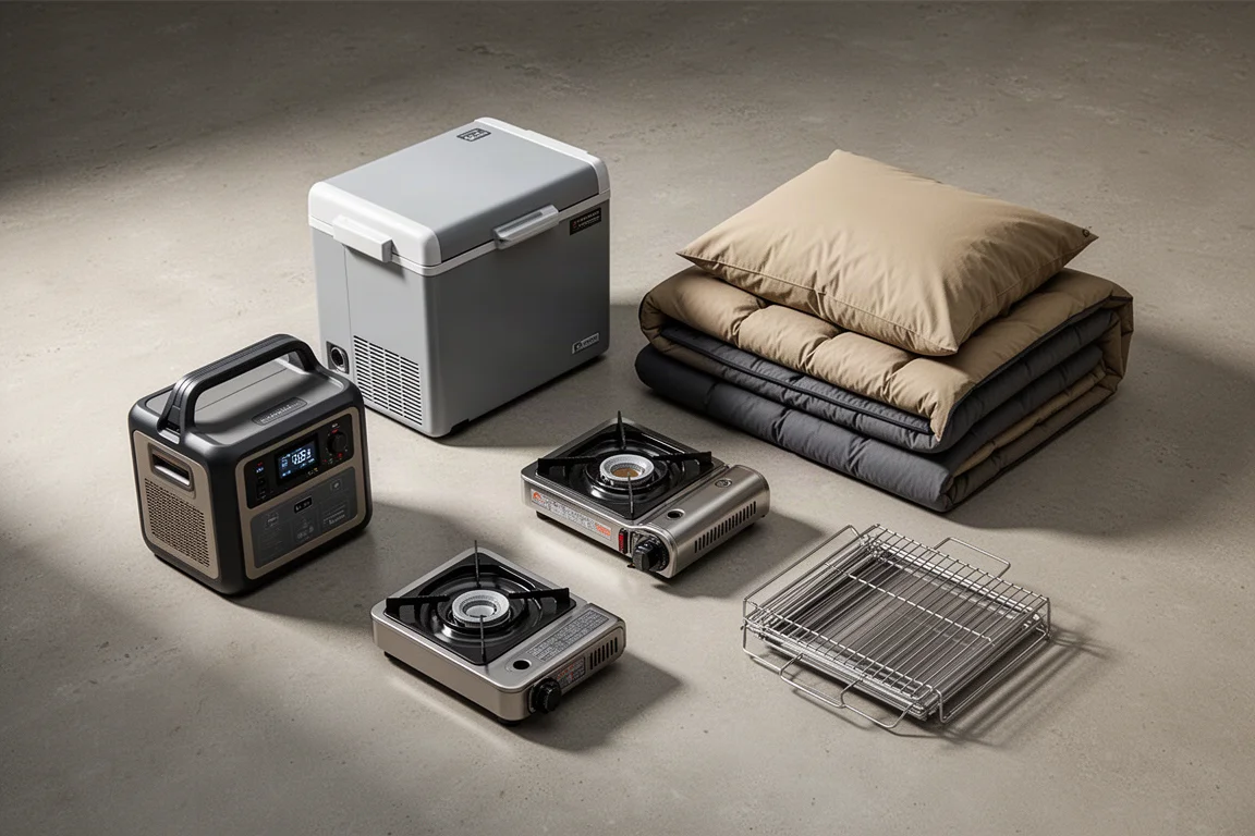Campsite gear arranged on concrete: power station, fridge, bed roll, comforter, stove and grill