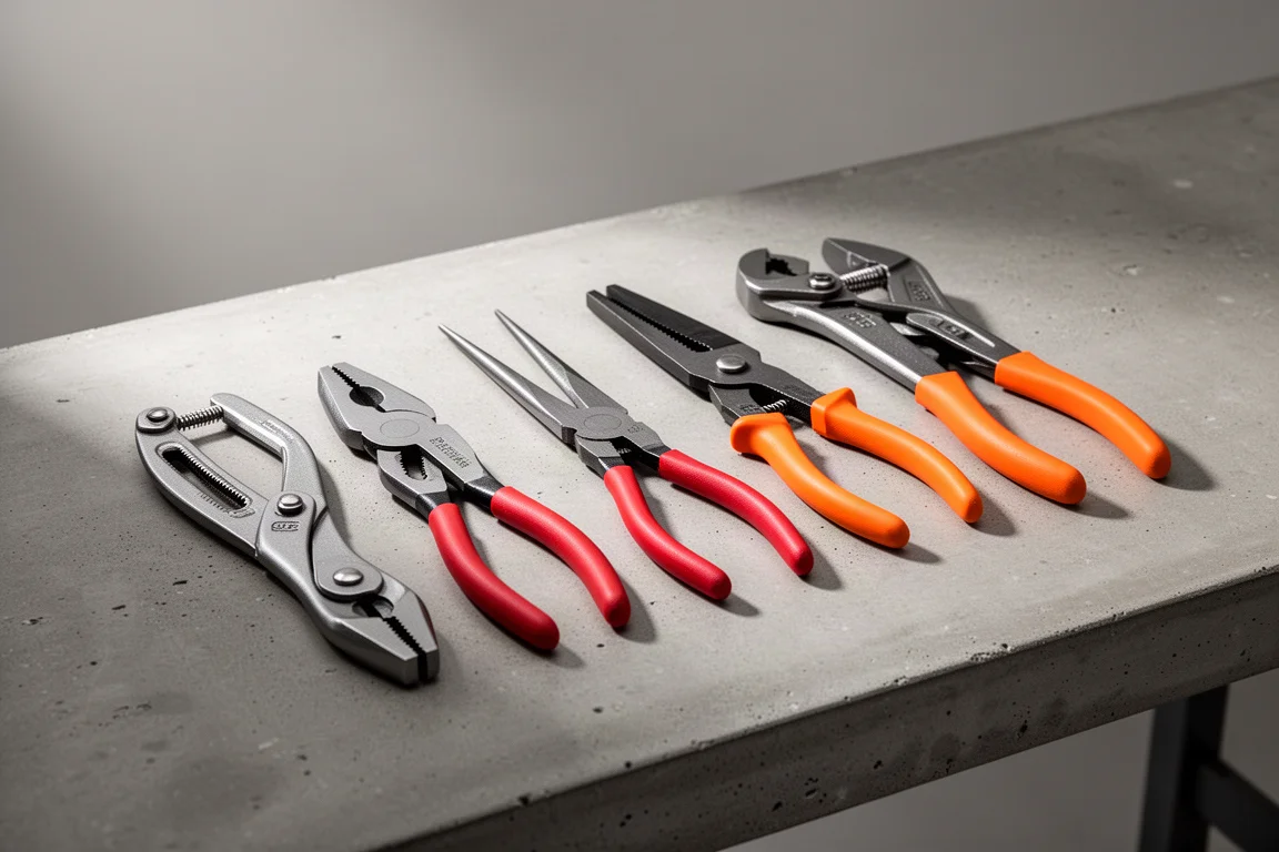 Collection of pliers including slip joint, lineman, needle nose and groove joint styles on a workbench