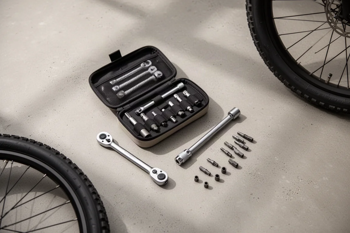 Vista superior de ferramentas de manutenção de bicicleta e um case macio no chão de concreto ao lado de uma roda de bicicleta