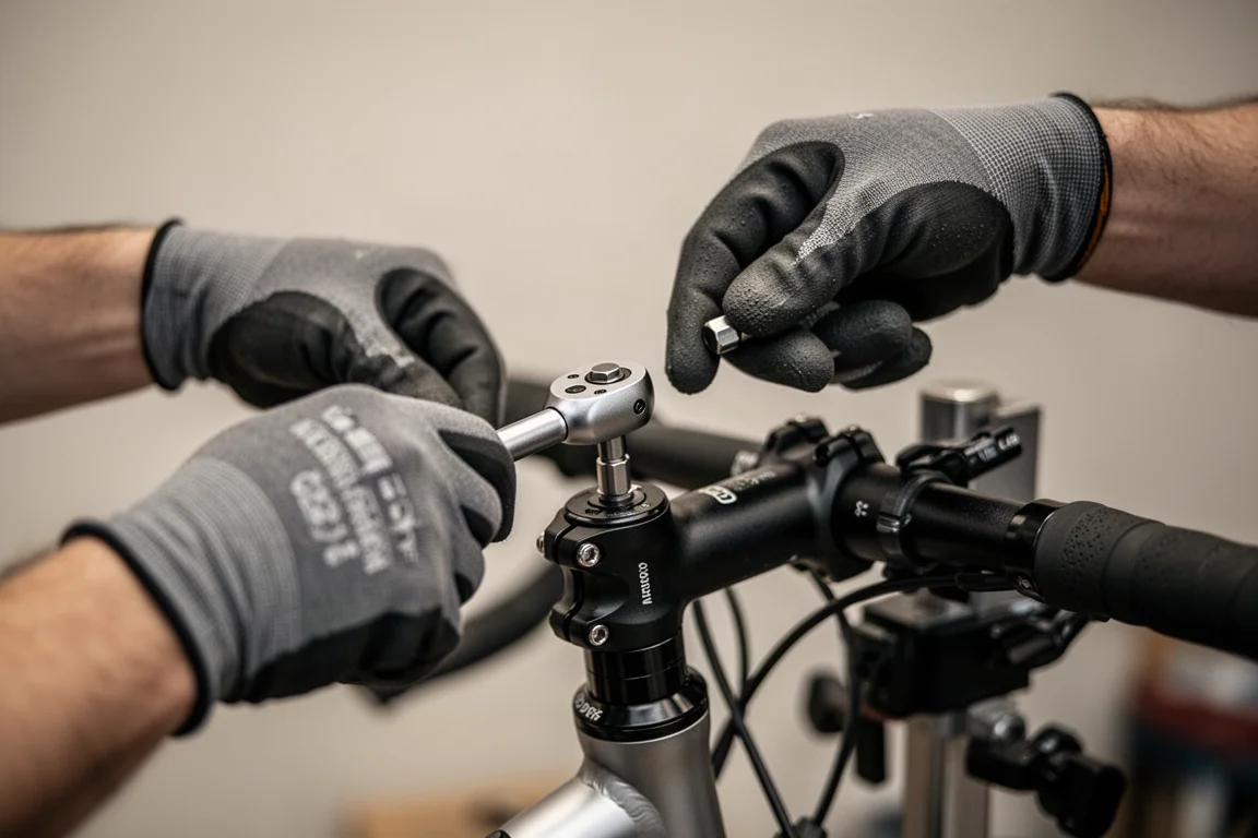 Domowy mechanik testujący mały klucz dynamometryczny na śrubie mostka rowerowego