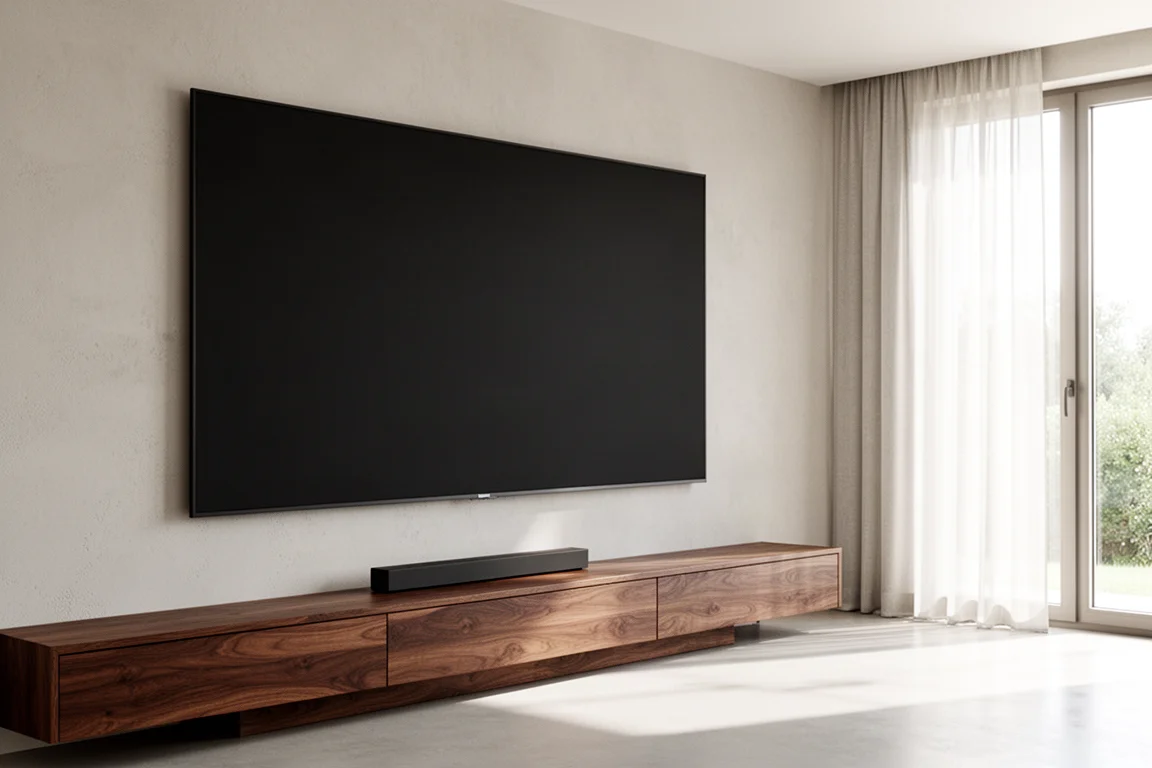 Large direct view LED display mounted on a bright living room wall above a media console