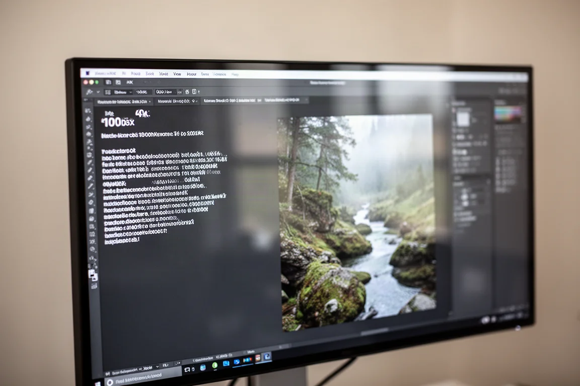 Close-up of a 5K monitor displaying sharp text and a photo editing interface