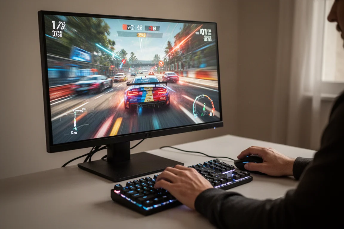 Gamer playing a fast-paced title on a monitor with a high refresh rate