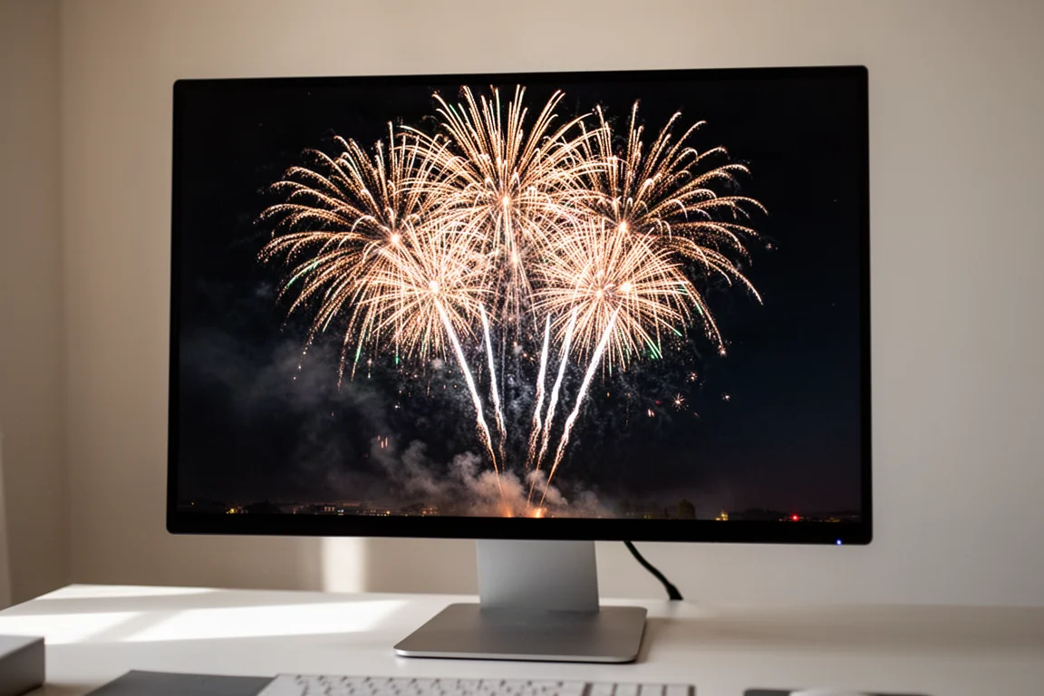 Monitor displaying a bright HDR scene with fireworks against a dark sky