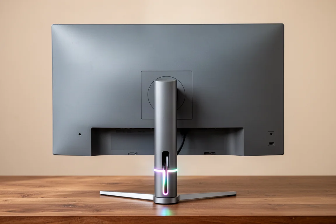 Rear view of a monitor showing ports and a compact stand