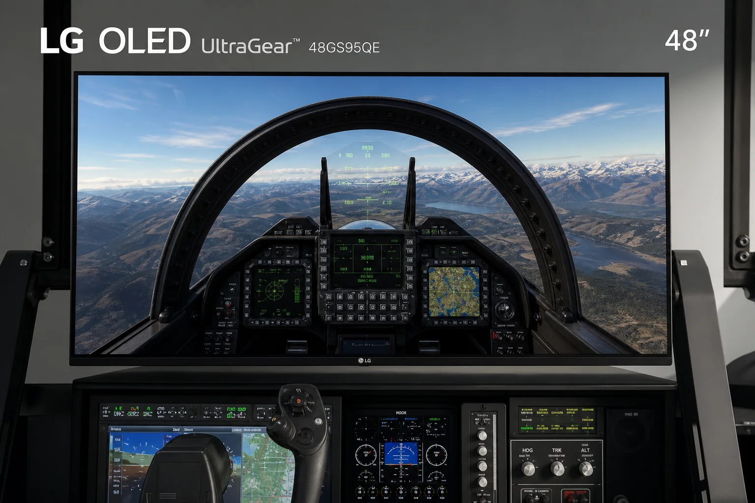 Cabina de simulador de vuelo doméstico profesional con palanca de mando, aviónica, controles de aceleración y tres monitores