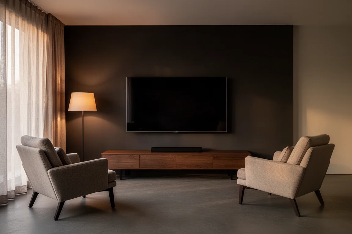 Schwach beleuchtetes Wohnzimmer mit wandmontiertem Flachbildfernseher und beidseitig ausgerichteten Sitzgelegenheiten