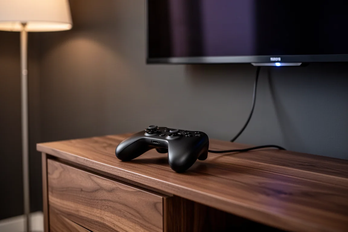 Gamecontroller auf einer Holzmedienkonsole mit HDMI-Kabel, das zu einem wandmontierten Fernseher führt