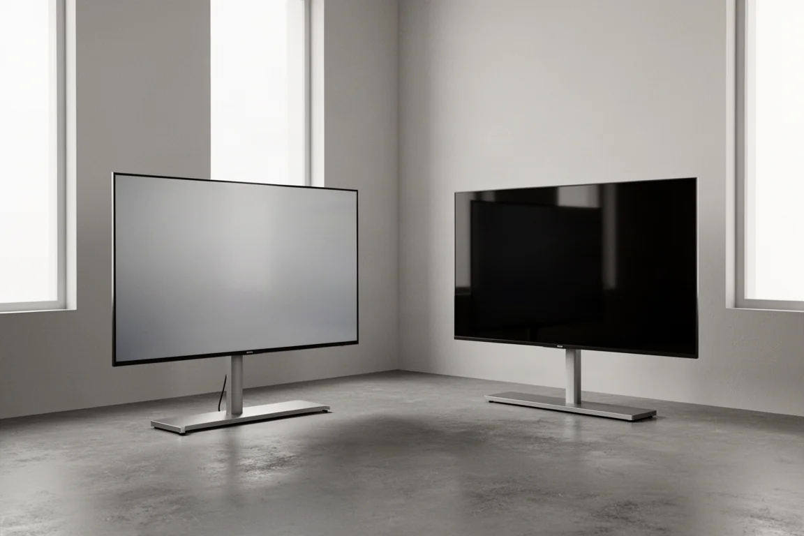 Zwei Flachbildfernseher in unterschiedlichen Winkeln in einer hellen Ausstellungsecke mit Betonboden