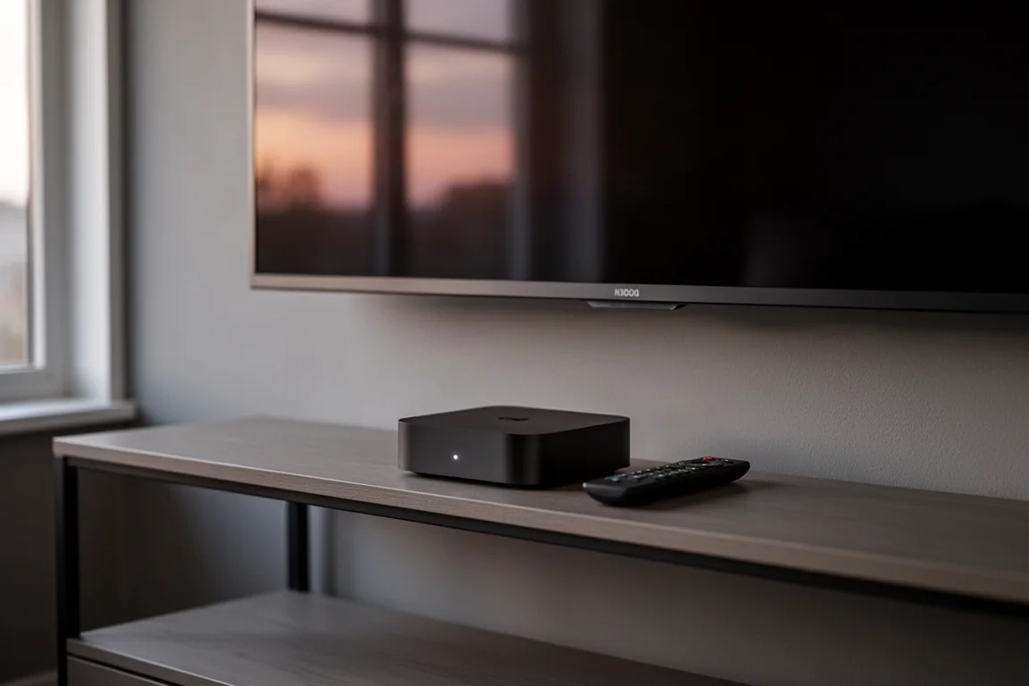 Wohnzimmer-Fernseher-Setup mit kompakter Streaming-Box und Fernbedienung auf einem Medienregal