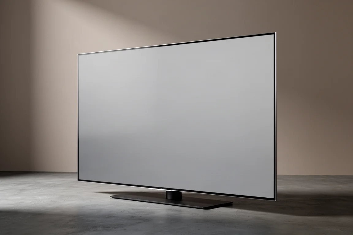 Slim flat-panel television on a low black stand against a neutral grey wall