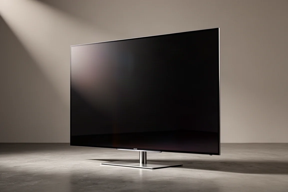 Large slim-bezel OLED television on a central pedestal against a neutral grey backdrop