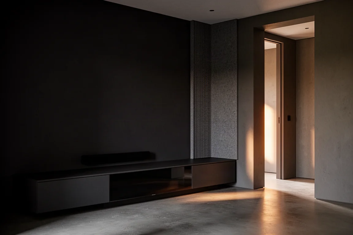 Angolo di home cinema scuro con parete antracite, mobile porta TV e luce ambientale soffusa