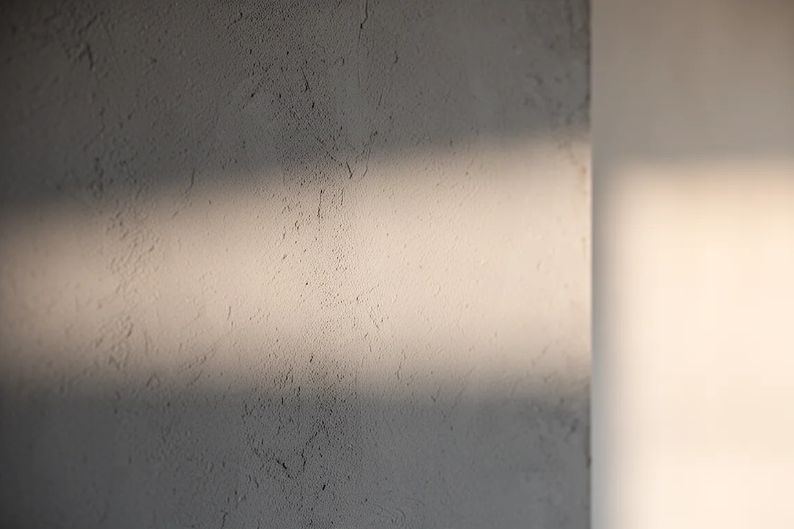 Primo piano di una parete grigio opaco con una soffusa fascia di luce radente