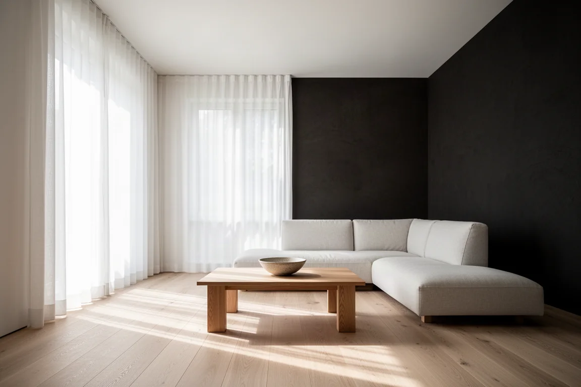 Soggiorno minimalista luminoso con grande finestra, divano basso e pavimento in rovere chiaro