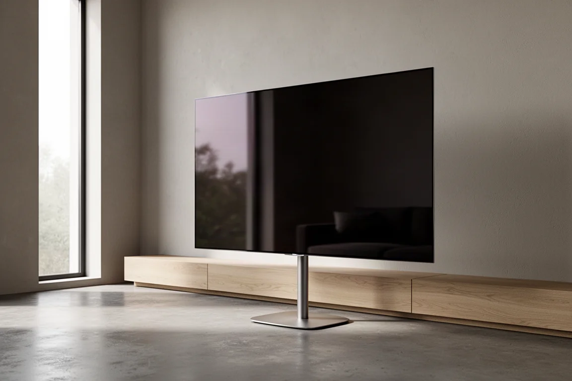 Ultra-thin OLED television on a slim stand in a minimal living room with soft daylight
