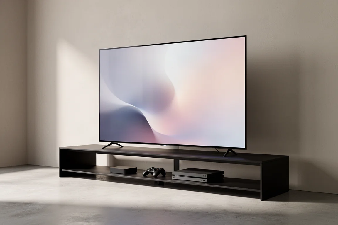 Ultra-thin OLED television on a matte black media console in a minimal living room