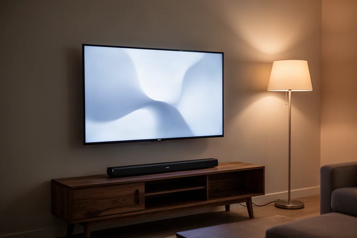 Compacte soundbar onder een aan de muur gemonteerde televisie in een schemerige slaapkamer