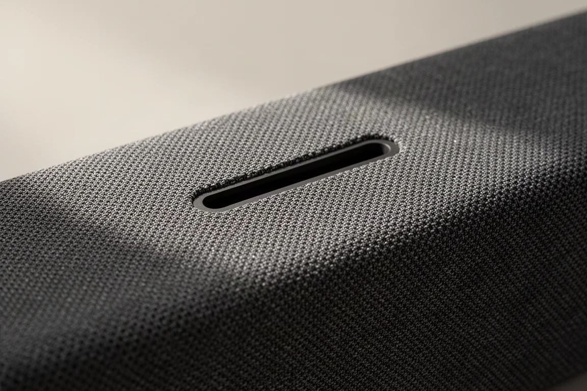 Close-up van het met stof beklede bovenvlak van een compacte soundbar