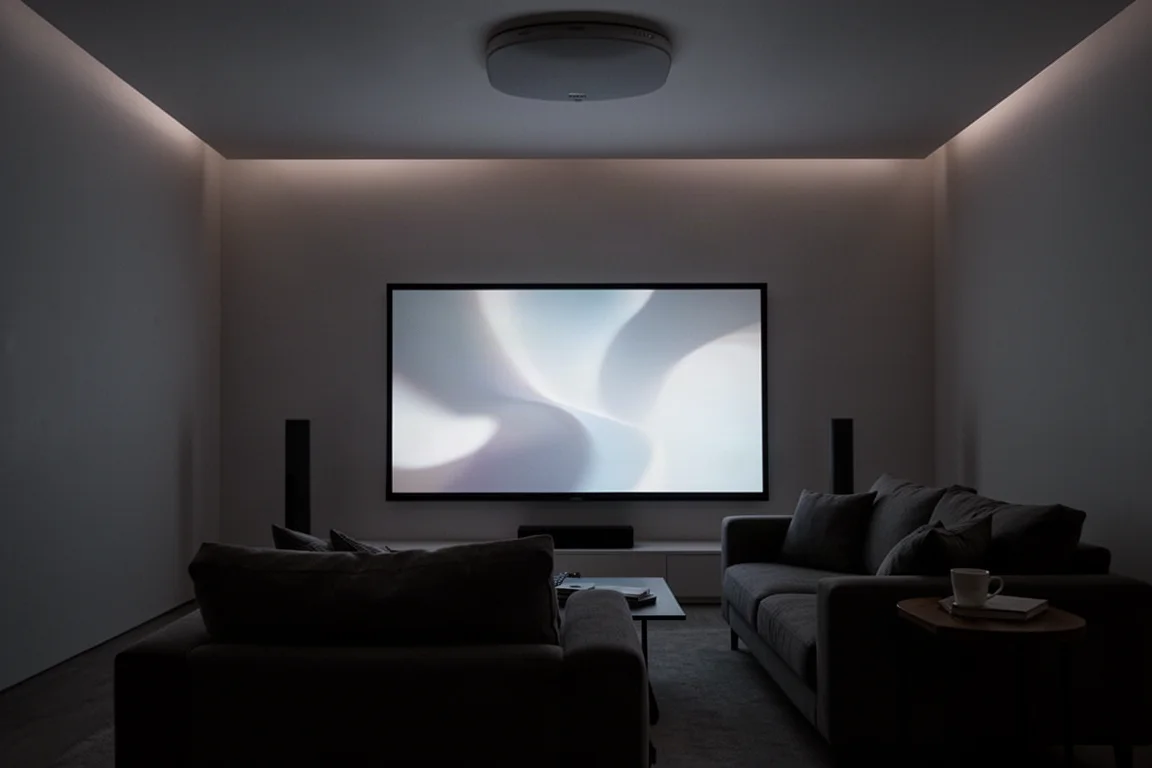 Schemerige woonkamer met een gloeiende televisie en zwak licht dat het plafond raakt