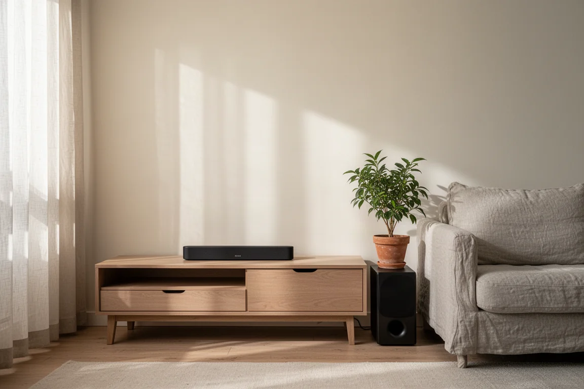 Kleine woonkamer in een appartement met een compacte soundbar en subwoofer bij daglicht