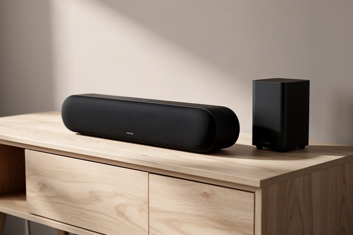 Compact matte black soundbar and small wireless subwoofer on a pale oak media console