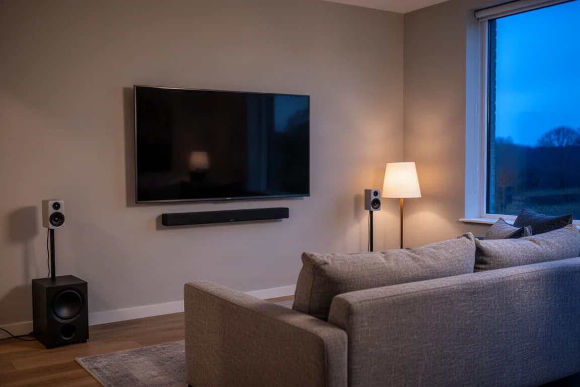 黃昏時的現代客廳,壁掛電視下方擺著 Soundbar,沙發後方則有環繞揚聲器