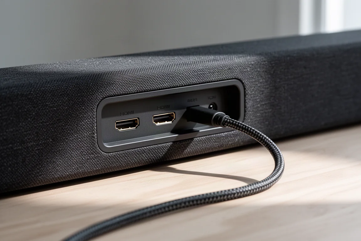Soundbar 後方連接面板的特寫,HDMI 線材收束整齊
