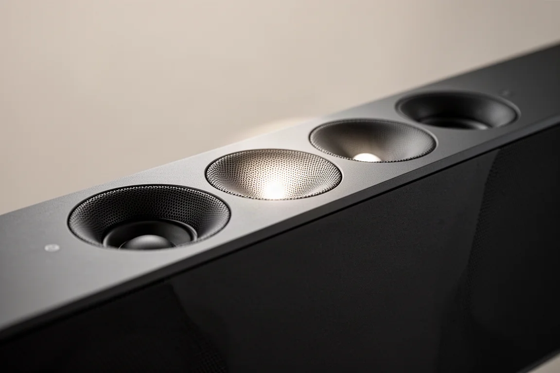 由低角度橫看 Soundbar 頂部,可見圓形向上發聲單體的網罩