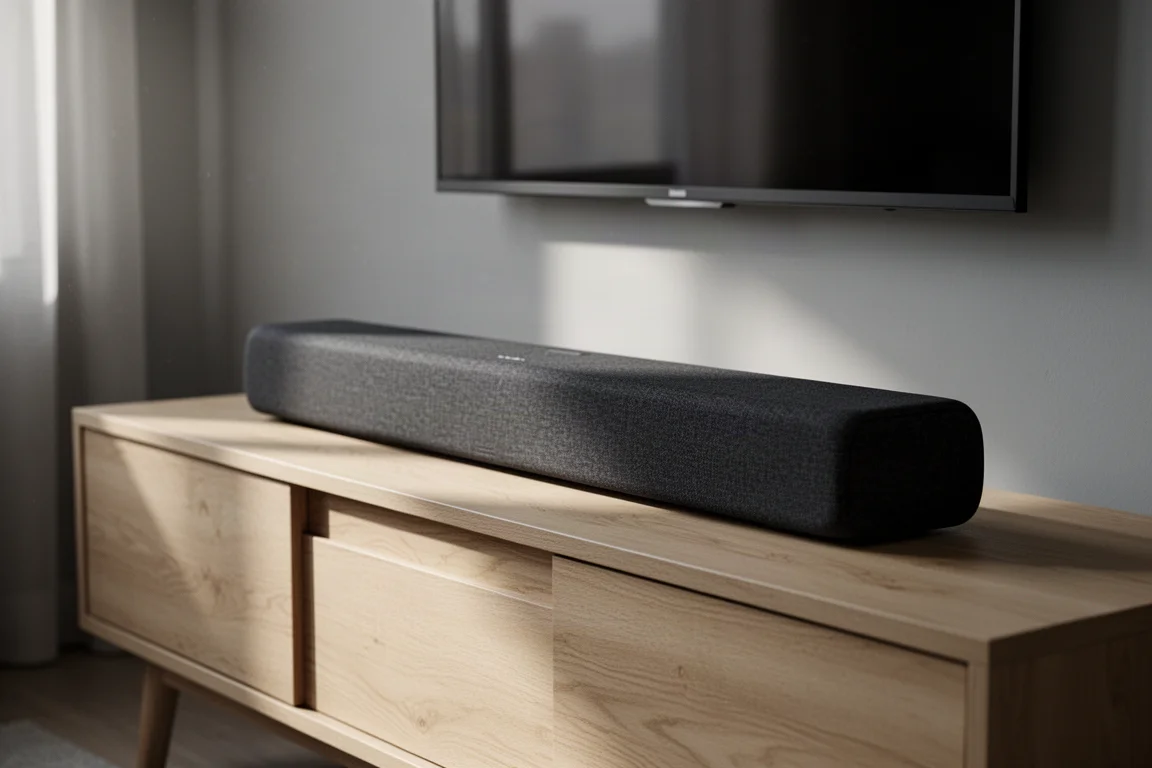 Long low-profile charcoal soundbar on a pale oak media console in a modern living room
