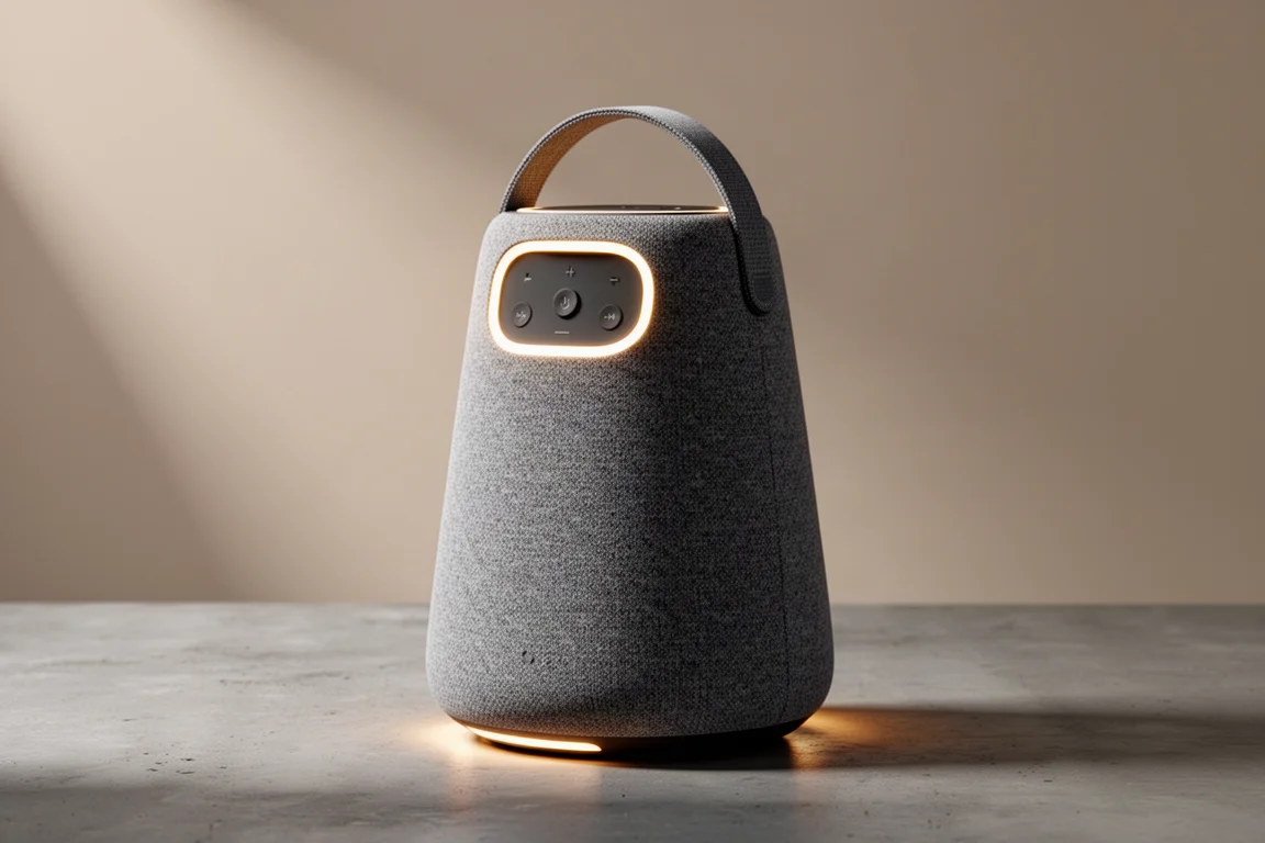 Large conical cloth-wrapped Bluetooth speaker with lighting ring on a concrete surface
