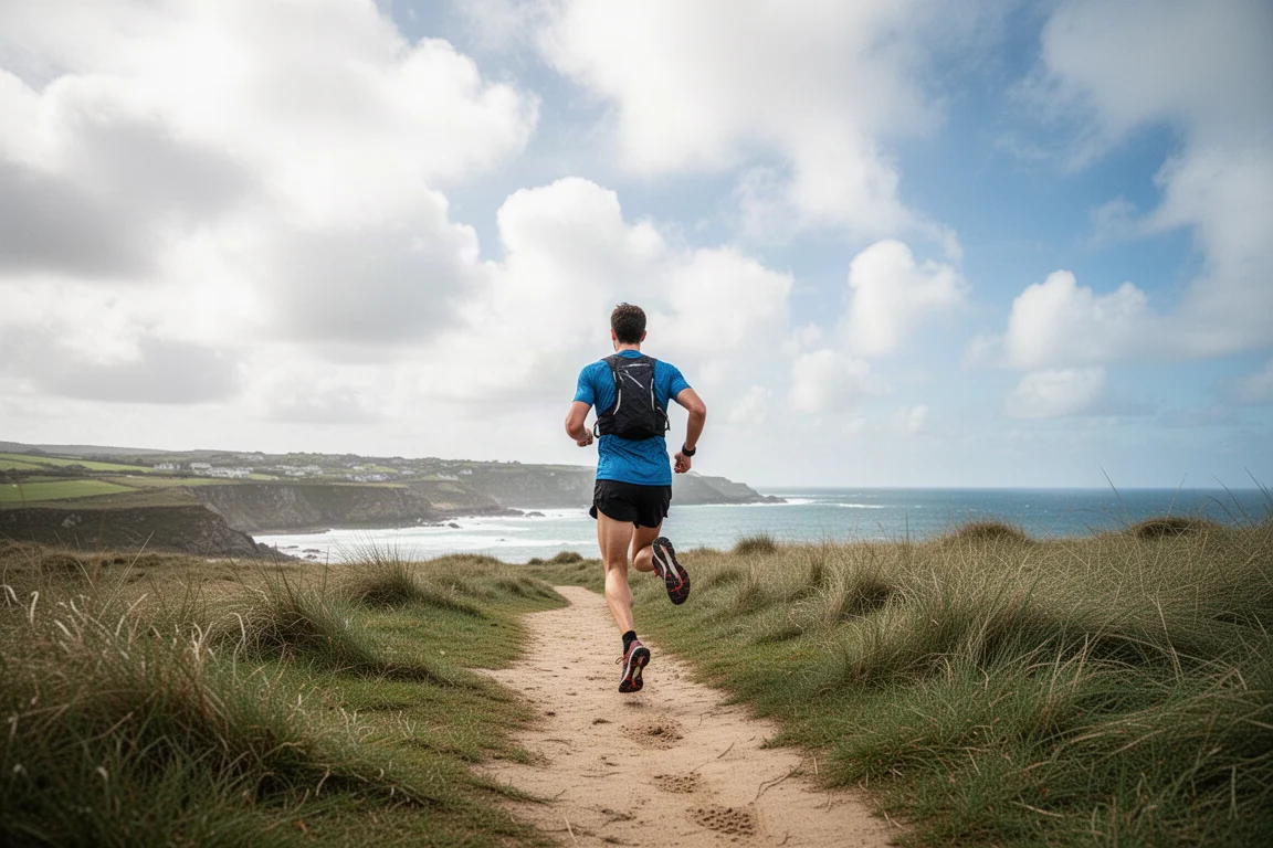 Trail runner en un camino costero con hierba y sendero de arena bajo un cielo azul