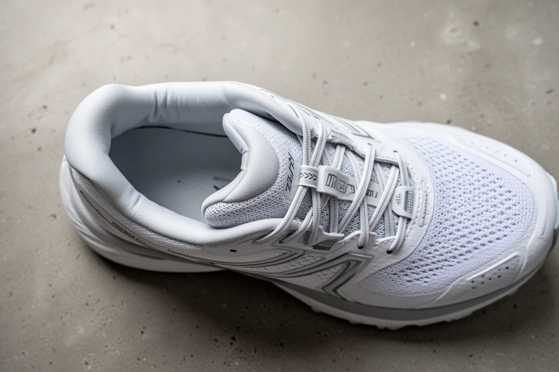 Primer plano del upper de malla de una zapatilla de trail con refuerzos de TPU y lengüeta acolchada con fuelle